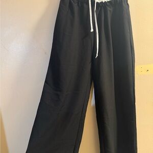 Black Wide-Leg Pants with White Drawstring
